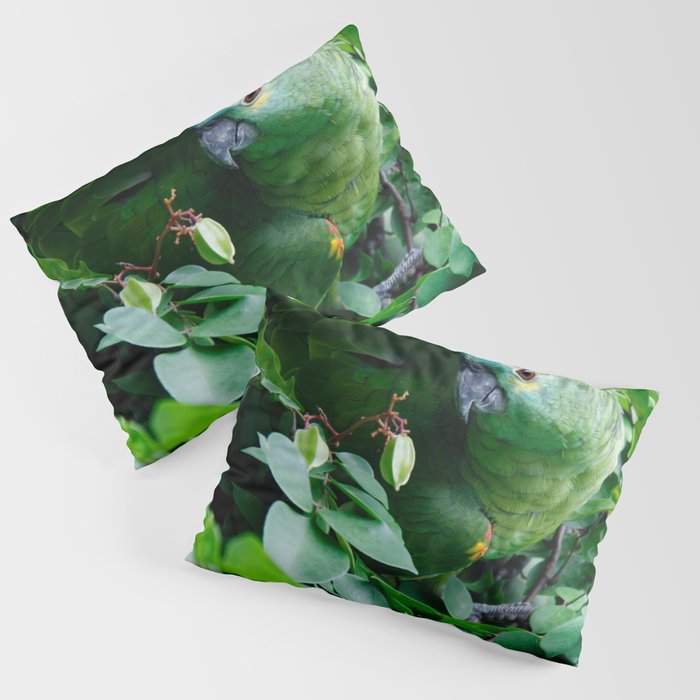 Brazil Photography - Green Parrot Camouflaged In The Green Leaves Pillow Sham