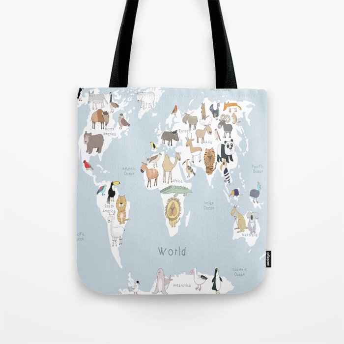 World Map with Light Grey Background Illustrated with Carla Daly's Fun Animals Tote Bag