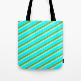 [ Thumbnail: Red, Lime, Powder Blue & Cyan Colored Lined/Striped Pattern Tote Bag ]