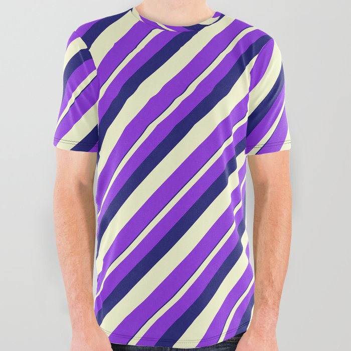 Midnight Blue, Light Yellow, and Purple Colored Striped/Lined Pattern All Over Graphic Tee
