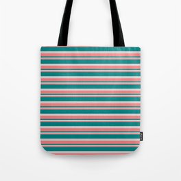 [ Thumbnail: Light Coral, Teal, and Light Grey Colored Lined/Striped Pattern Tote Bag ]
