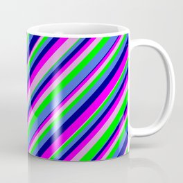 [ Thumbnail: Eyecatching Royal Blue, Blue, Fuchsia, Plum, and Lime Colored Lined/Striped Pattern Coffee Mug ]