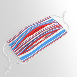 [ Thumbnail: Blue, Red & Mint Cream Colored Stripes Pattern Face Mask ]