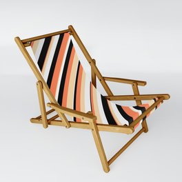 [ Thumbnail: Coral, Tan, White & Black Colored Lines/Stripes Pattern Sling Chair ]