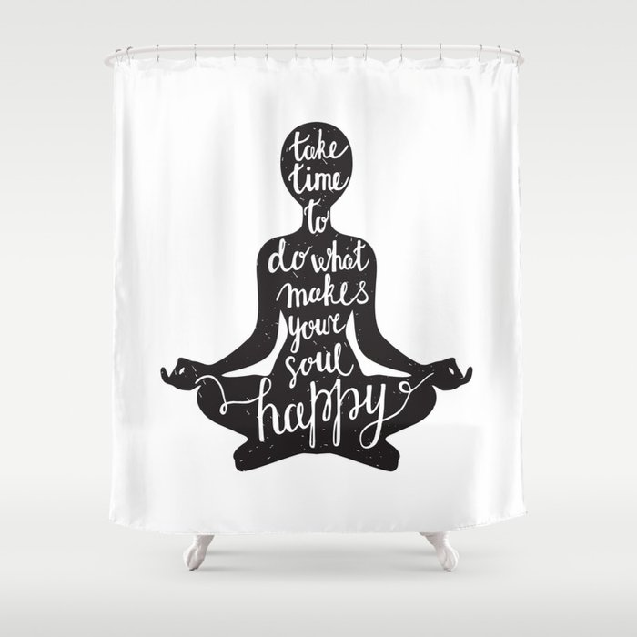 Meditation black silhouette with quote about time and soul on white background Shower Curtain