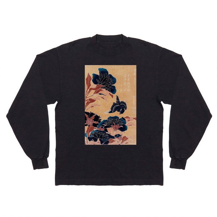 Peonies and Canary by Katsushika Hokusai : japanese flowers : Nocturnal Blooms: Midnight Blue  Long Sleeve T Shirt