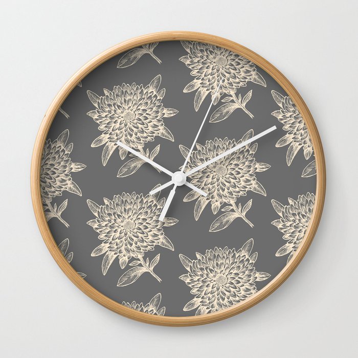 Elegant Flowers Floral Nature Beige Dark Gray Grey Wall Clock