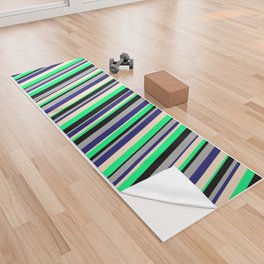 [ Thumbnail: Eyecatching Green, Bisque, Midnight Blue, Dark Grey, and Black Colored Lines/Stripes Pattern Yoga Towel ]