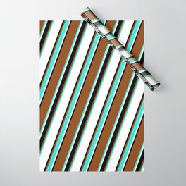 [ Thumbnail: Brown, Turquoise, White, and Black Colored Lines/Stripes Pattern Wrapping Paper ]