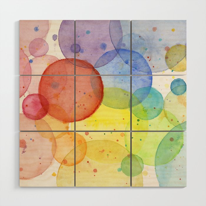 Watercolor Abstract Rainbow Circles And Splatters Wood Wall Art By