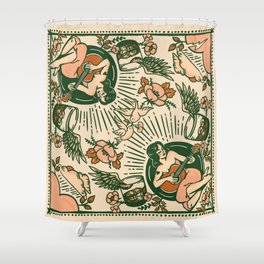 Whiskey & Lyrics Pattern Featuring A Pinup Girl Playing Guitar, Peach Cream Version Shower Curtain