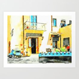 Foosball and scooter in front of the bar Art Print