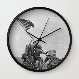 American Troops raising American flag on Mount Suribachi, Iwo Jima, 23 February 1945 Wall Clock | Historic, Worldwarii, War, Vintage, Famous, Antque, Black And White, Flag, 1945, Photo 