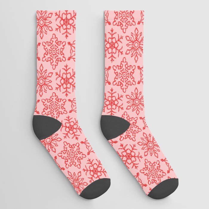 Snowflakes Pattern - Pastel Pink and Red Socks