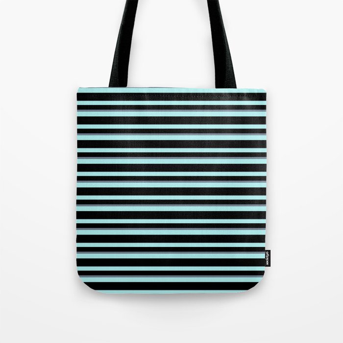 Turquoise, Black, and Slate Gray Colored Stripes Pattern Tote Bag