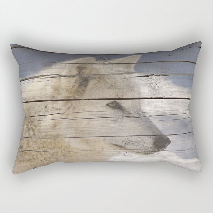 Aries the White Wolf Portrait on Faux Weathered Wood Texture Rectangular Pillow