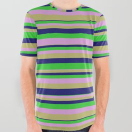 [ Thumbnail: Plum, Dark Khaki, Midnight Blue, and Lime Green Colored Lines/Stripes Pattern All Over Graphic Tee ]