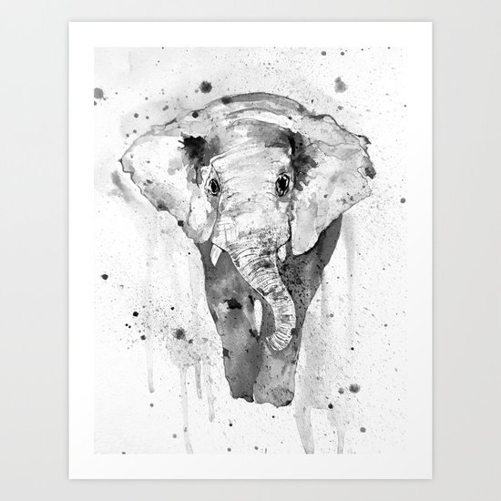 Elephant, watercolor black and white Art Print