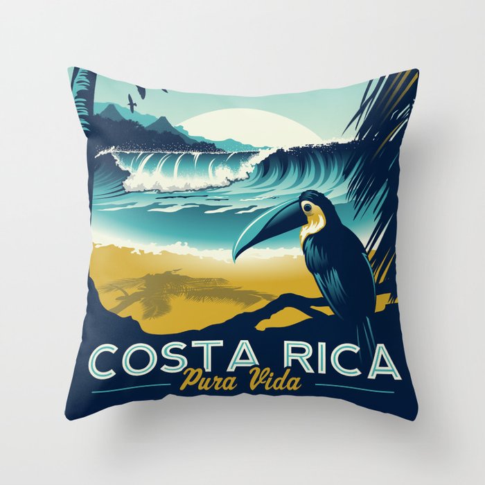Costa Rica Retro Vintage Travel Poster Toucan Wave Surf Palm Trees Throw Pillow
