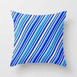 [ Thumbnail: Blue, Tan, and Deep Sky Blue Colored Lined/Striped Pattern Throw Pillow ]