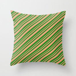 [ Thumbnail: Light Salmon & Forest Green Colored Lined Pattern Throw Pillow ]
