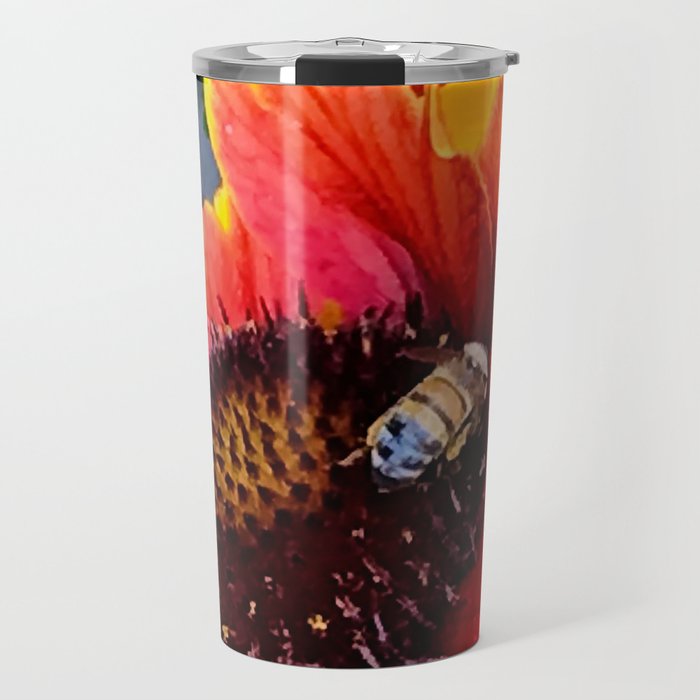 Awesome Red And Yellow Flowers Close-Up With Happy Bee Travel Mug