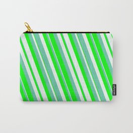 [ Thumbnail: Aquamarine, Lime & Mint Cream Colored Lines Pattern Carry-All Pouch ]