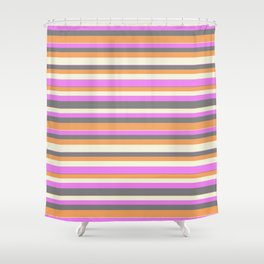 [ Thumbnail: Violet, Gray, Brown, and Beige Colored Lined/Striped Pattern Shower Curtain ]