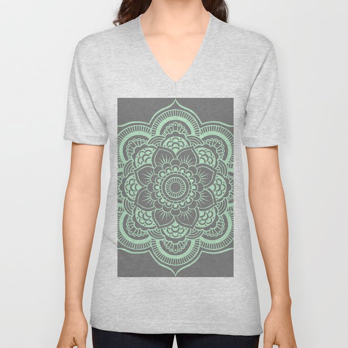 Mandala Flower Gray & Mint V Neck T Shirt