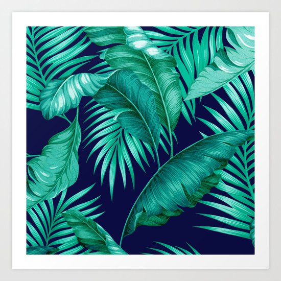 HAWAIIAN GARDEN TROPICAL LEAVES | turquoise navy Art Print