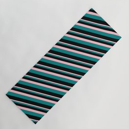 [ Thumbnail: Pink, Teal, and Black Colored Lined/Striped Pattern Yoga Mat ]