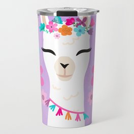 Cute Happy Llama - Purple Boho Alpaca with Flowers Travel Mug