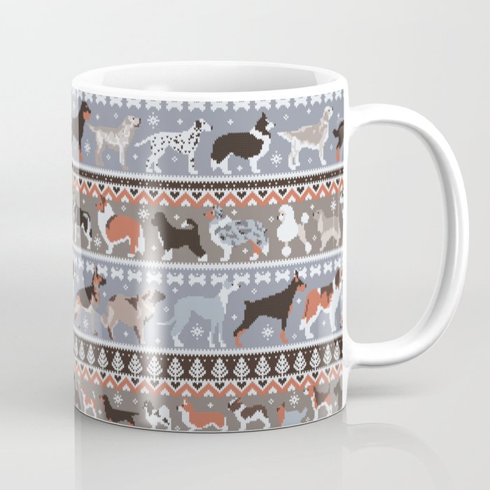 Fluffy and bright fair isle knitting doggie friends // grey and taupe brown background brown orange white and grey dog breeds  Coffee Mug