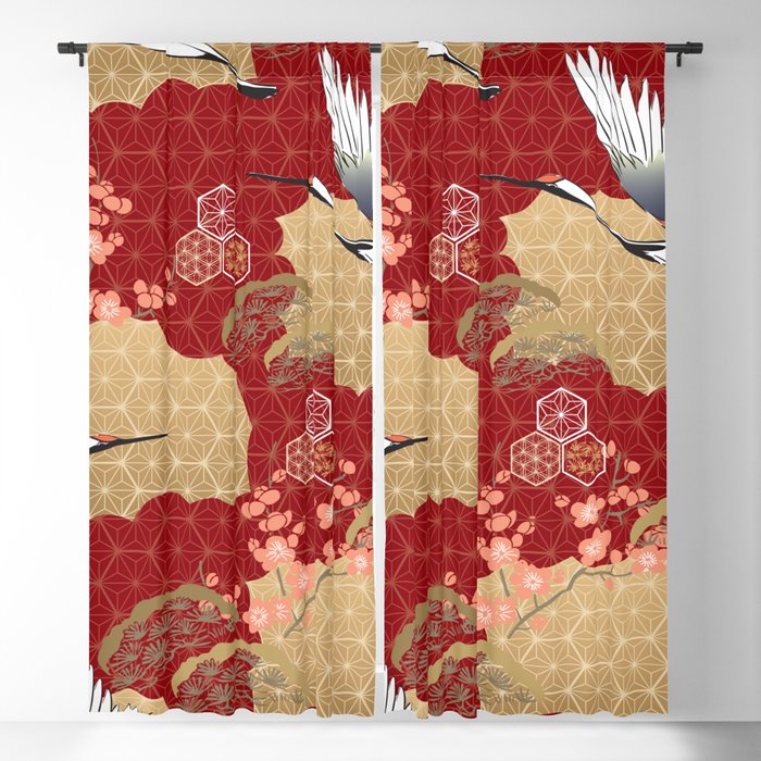 Japanese cherry blossom and crane birds pattern Blackout Curtain