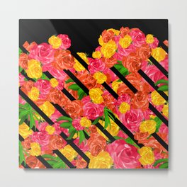 Bold Tropical Spring Floral With Stripes Metal Print | Coral, Floral, Green, Photo, Summertrend, Roses, Pink, Flowers, Springtrend, Diagonalstripes 