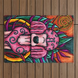 Pink poodle in colorful jungle, quirky dog painting Outdoor Rug