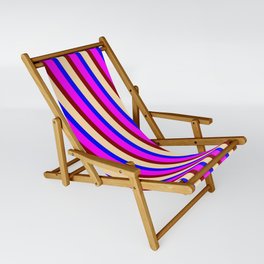 [ Thumbnail: Blue, Fuchsia, Maroon, and Tan Colored Lined Pattern Sling Chair ]