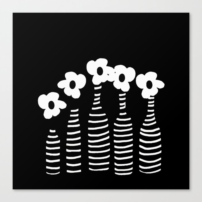 White Petals Retro Flowers and Stripe Bottles Black Background #decor #society6 #buyart Canvas Print