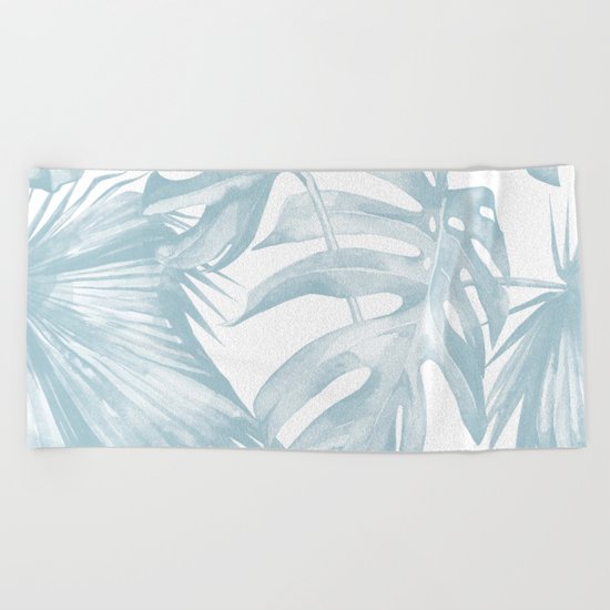 Blue Tropical Palm Leaves Print Beach Towel