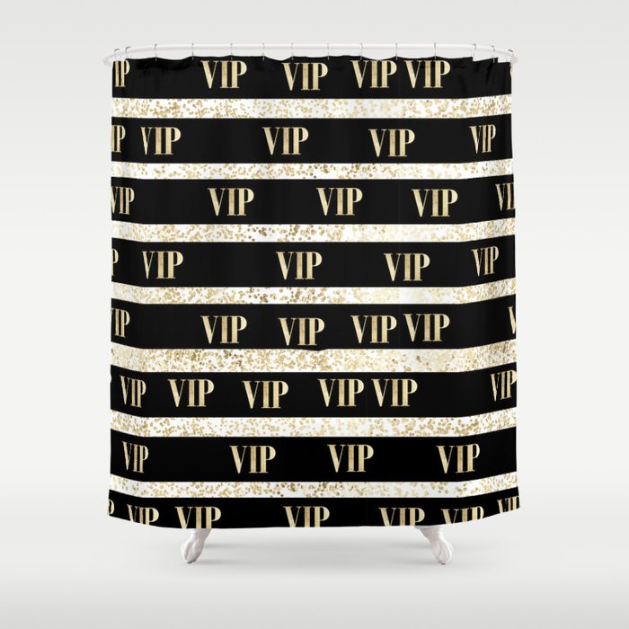 Elegant black gold VIP typography confetti stripes Shower Curtain