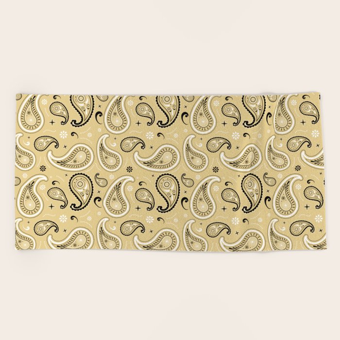 Black and White Paisley Pattern on Beige Background Beach Towel