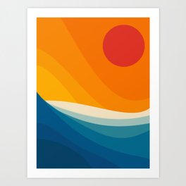 Abstract colorful landscape with wavy sea and sun Art Print