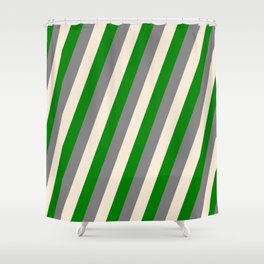 [ Thumbnail: Gray, Beige, and Green Colored Lined Pattern Shower Curtain ]