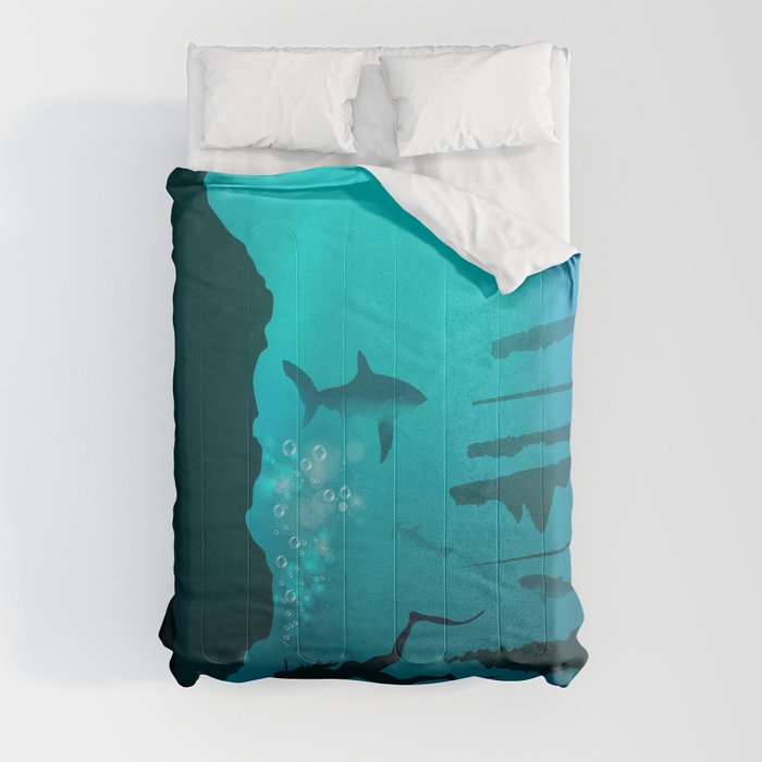 Beautiful coral reef and silhouettes of diver and school of fish in a blue sea Comforter