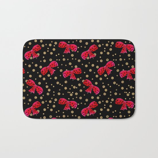 Red bow and glitter golden polka dots seamless pattern Bath Mat