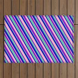 [ Thumbnail: Dark Violet, Aquamarine, Blue & Pink Colored Lines Pattern Outdoor Rug ]
