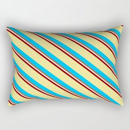 [ Thumbnail: Vibrant Maroon, Tan, Deep Sky Blue, Sienna & White Colored Striped/Lined Pattern Rectangular Pillow ]
