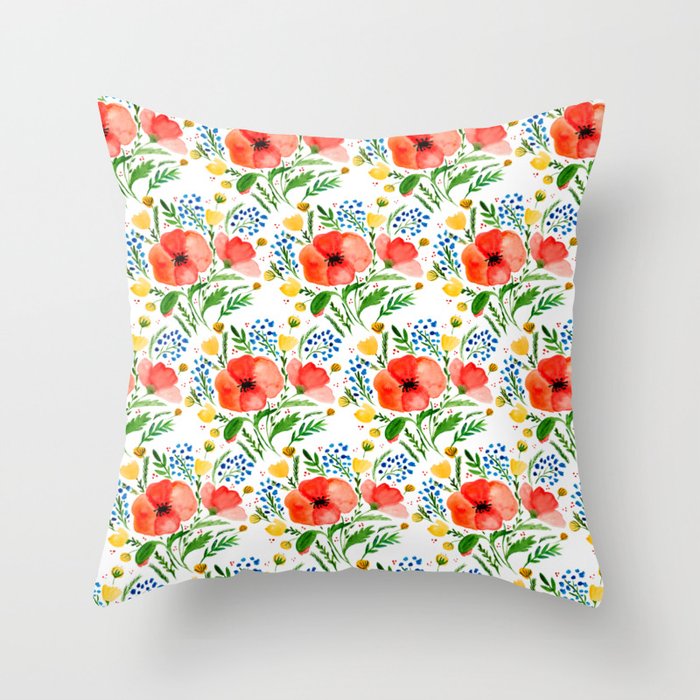 Flower bouquet with poppies - red, yellow and blue Throw Pillow