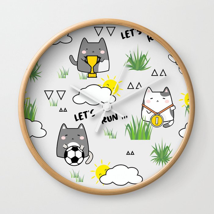 Seamless Pattern Cute Sport Cat Wall Clock