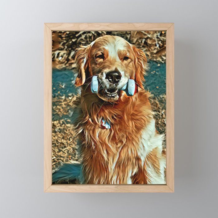 Sitting dog with dumbbell Framed Mini Art Print